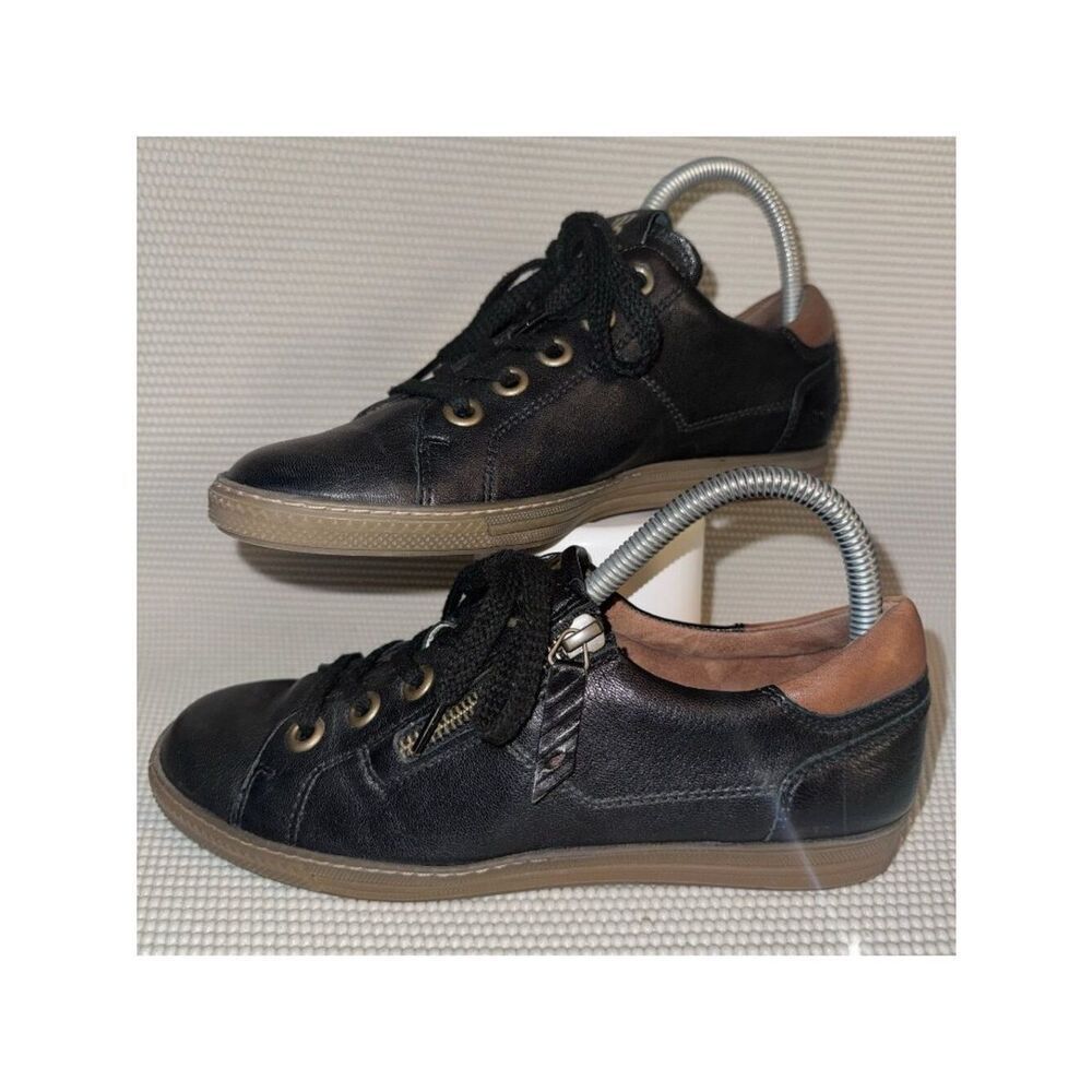 Paul Green Addie Black Gum Leather Low Top Zip Lace Up Sneakers Size US 7 UK 4.5